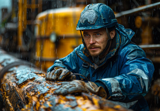 A worker in a blue uniform and helmet works on an oil well. He is trying to cut a wooden log with large copper saws.