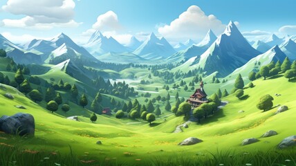 Breathtaking Alpine meadow with lush green hills and cozy cabins, backed by majestic mountains - obrazy, fototapety, plakaty