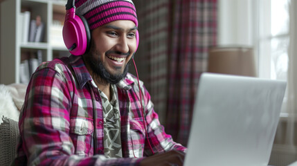 Portrait of a handsome man using laptop at home.