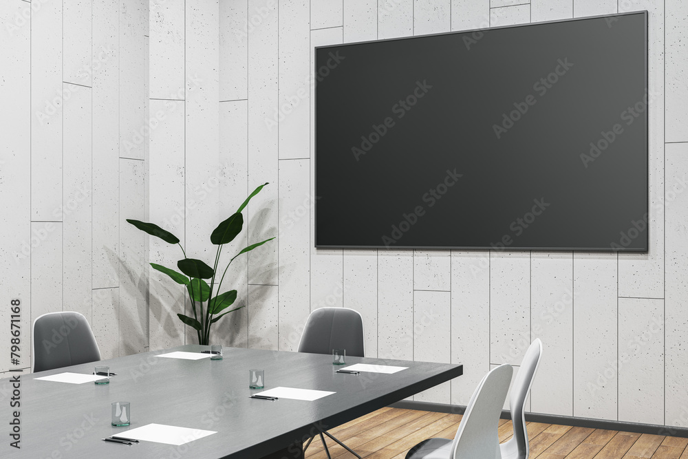 Poster modern meeting room interior with furniture and empty black mock up billboard on wall. 3d rendering.