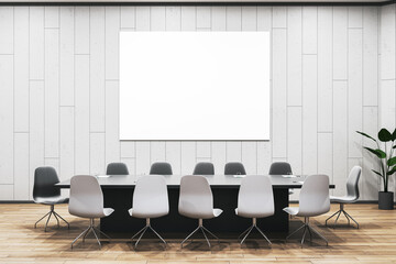 Modern meeting room interior with furniture and empty white mock up banner on wall. 3D Rendering. - obrazy, fototapety, plakaty