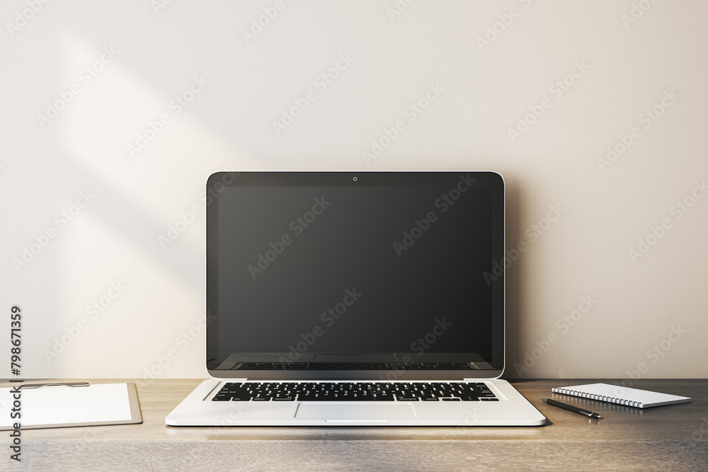 Poster Close up of empty computer monitor on simple wooden desk. Workplace concept. Mock up, 3D Rendering.
