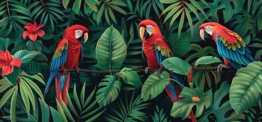 Tropical rainforest with red parrots
