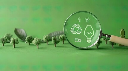 Carbon reduction symbol on green background magnifying glass for combating climate change, global warming limitation, sustainable development, green business concept.