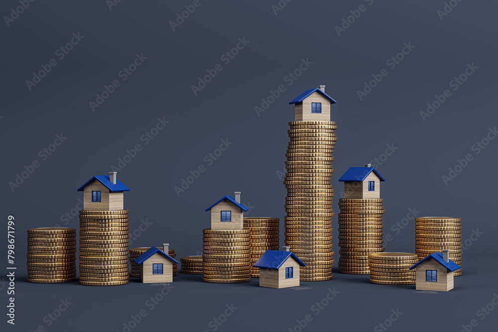 Poster stacked golden coins with small houses on dark background with mock up place for advertisement. mort