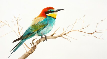 Vibrant avian species set against a white backdrop European Bee eater on branch
