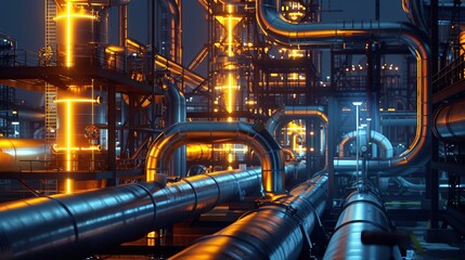 Night shot of an industrial factory, with glowing steel pipelines and valves creating a futuristic look