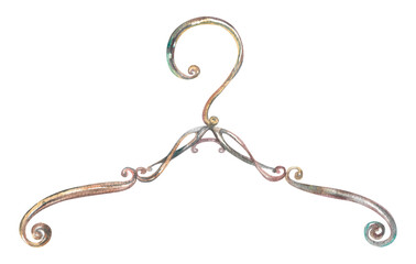 Watercolor vintage clothes hanger. Antique forged patterned hanger on a white background