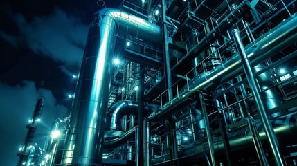 Night shot of an industrial factory, with glowing steel pipelines and valves creating a futuristic look