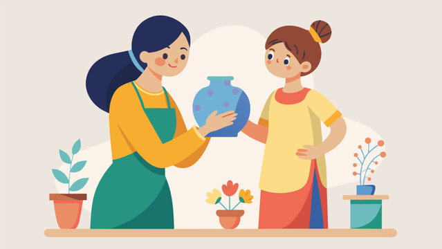 A mother with her young daughter eagerly examines a display of delicate handpainted pottery while the artist proudly explains her creative process and. Vector illustration
