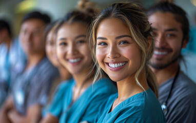 Smiling young woman stands in front of group of medical students.
