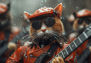 The cat is rock musician in red leather jacket and sunglasses