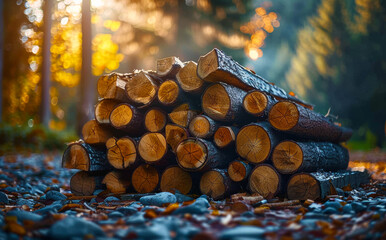 Firewood stacked in the forest