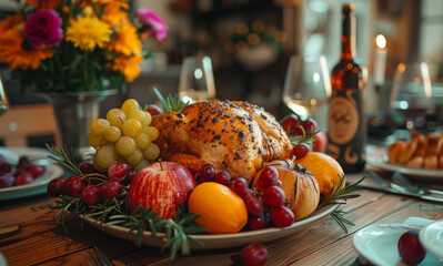 Baked turkey or chicken. The Christmas table is served with turkey decorated with bright tinsel and candles.