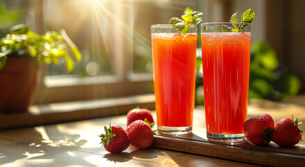 Two glasses of freshly prepared strawberry juice on table in sunny garden