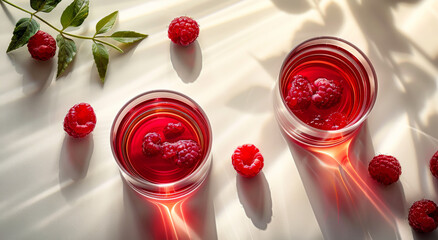 Two glasses of raspberry liqueur on white background with raspberries and leaves