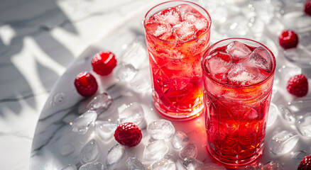 Two glasses of cold refreshing drink with ice and raspberries on white marble table