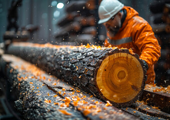 Wood lumber sawing at a factory, a worker in a hard hat and orange jacket working with a big wood log on a blurred background