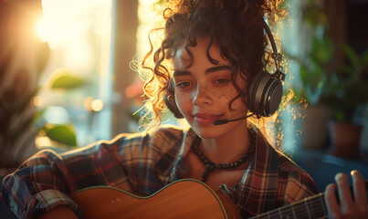 Beautiful young woman is playing the guitar and singing while sitting at home with headphones on.