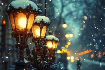 Against the blurred backdrop of falling snow, the glow of street lamps created a cozy ambiance that...