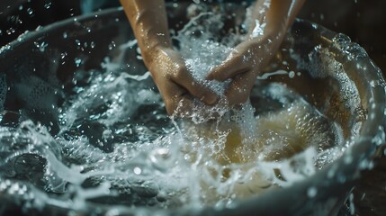 Hands Washing Clothes in a Basin with Soapy Water Motion