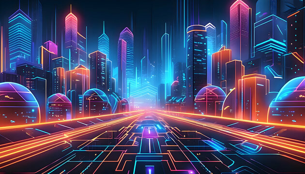 City, technology, AI, Neon, Night, speed, motion, road, street, ,city at night, lights, fast, communication, Digital, abstract, background, wallpaper, HD