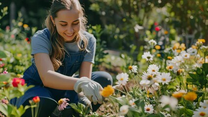 Woman planting gardens flowers agriculture gardener hobby and garden job.