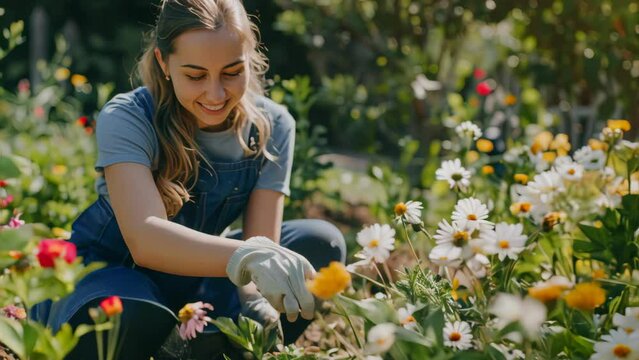 Woman planting gardens flowers agriculture gardener hobby and garden job.