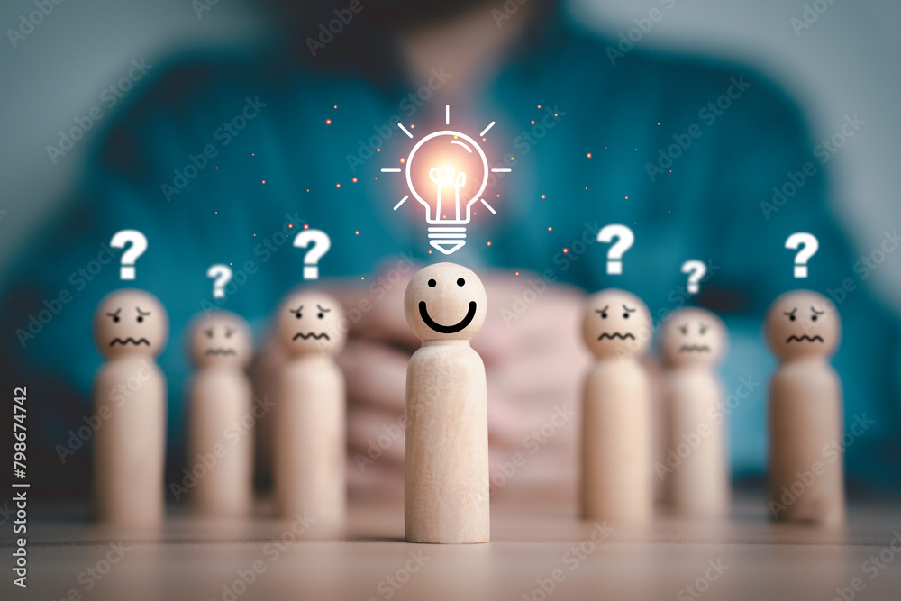 Poster smile figure with glowing lightbulb in front of sad figure with question mark for creative thinking 