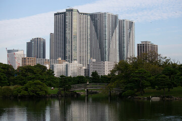 The Gardens of Hamarikyu are a public park in Chūō, Tokyo, Japan. Located at the mouth of the Sumida River they are surrounded by modern buildings.