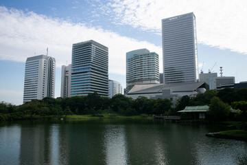 The Gardens of Hamarikyu are a public park in Chūō, Tokyo, Japan. Located at the mouth of the Sumida River they are surrounded by modern buildings.