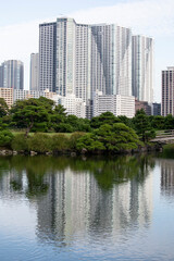 The Gardens of Hamarikyu are a public park in Chūō, Tokyo, Japan. Located at the mouth of the Sumida River they are surrounded by modern buildings.