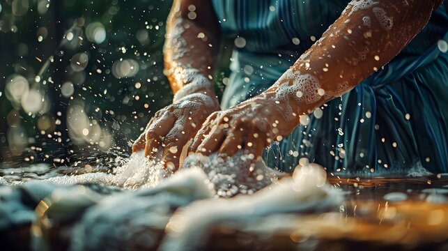 Hardworking Housewife Scrubbing Clothes Over Old Vintage Washboard with Splashing Water and