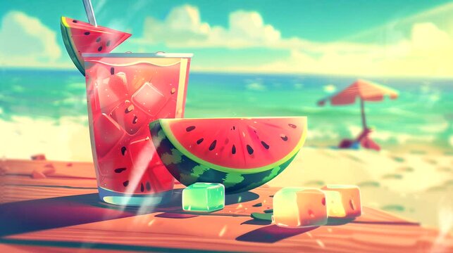 Watermelon juice with Ice Cubes with beach view. Anime or digital painting style, looping 4k video animation background