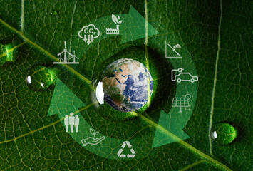World inside water droplet on green leaf and environment icon for decrease CO2 , carbon footprint and carbon credit to limit global warming from climate change,Element of this image from NASA.