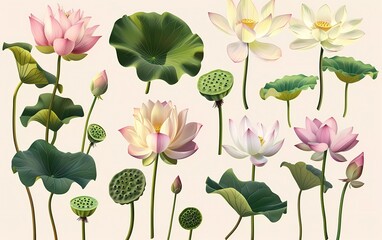 Spring lotus flower bouquet. Isolated realistic petals, flowers, branches, leaves vector set.