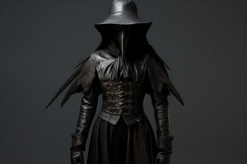 An enigmatic person clad in a black plague doctor outfit with a beaked mask