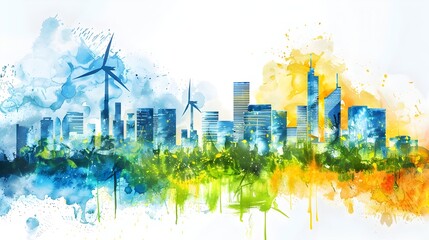 Vibrant Futuristic Eco-City with Renewable Energy Sources in Watercolor Vectors