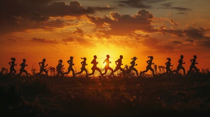 Silhouettes of diverse athletes running together during a marathon at dawn, symbolizing teamwork and endurance
