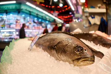Fish for sale at the local retail market. Fresh fish in a supermarket. Fresh fish at the market, displayed on ice