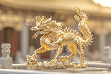 Fototapeta premium A colorful dragon with long horns stands on a rock