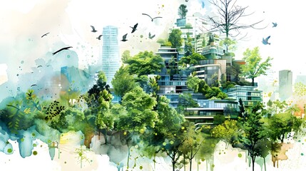 Harmonious Fusion of Nature and Cityscape in Visionary Watercolor