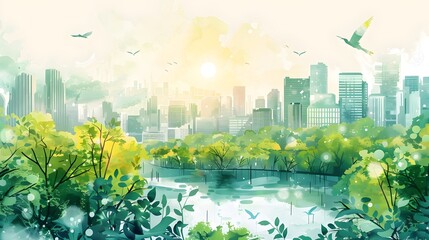 Dreamy ecological utopia where nature and urban life blend seamlessly in soft watercolor tones