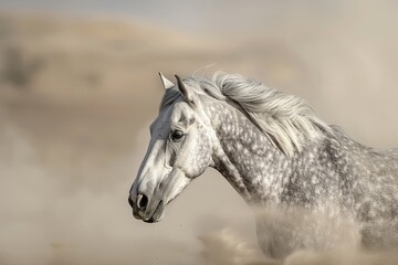 Wild Freedom: Grey Horse Dashing in Desert's Spectacle of Swirling Dust