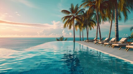 Luxurious Tropical Resort Pool with Swaying Palm Trees and Relaxing Deckchairs