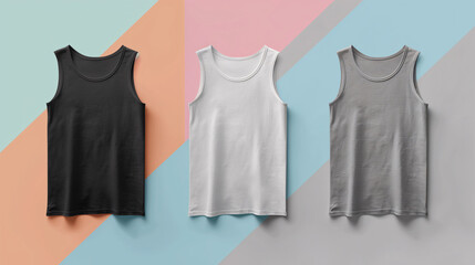 Mockup of clothes collections for an advertisement, poster, or art design. Three basic white, grey, and black tank tops are displayed on a colorful pastel background.