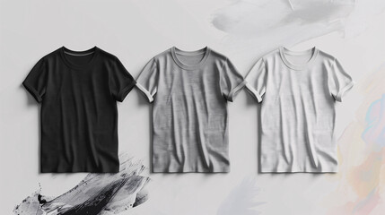 Mockup of clothes collections for an advertisement, poster, or art design. Three basic white, grey, and black t-shirt are displayed on an abstract art paint background.