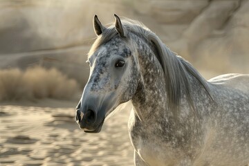 Obraz na płótnie Canvas Majestic Grey Horse: Powerful Grace in the Swirling Desert Dust Aerial Display.