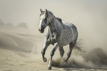 Obraz premium Grey Horse in the Desert: Power and Grace, Swirling Dust