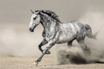 Obraz premium Wild Spirit: A Grey Horse Galloping in the Heart of the Desert